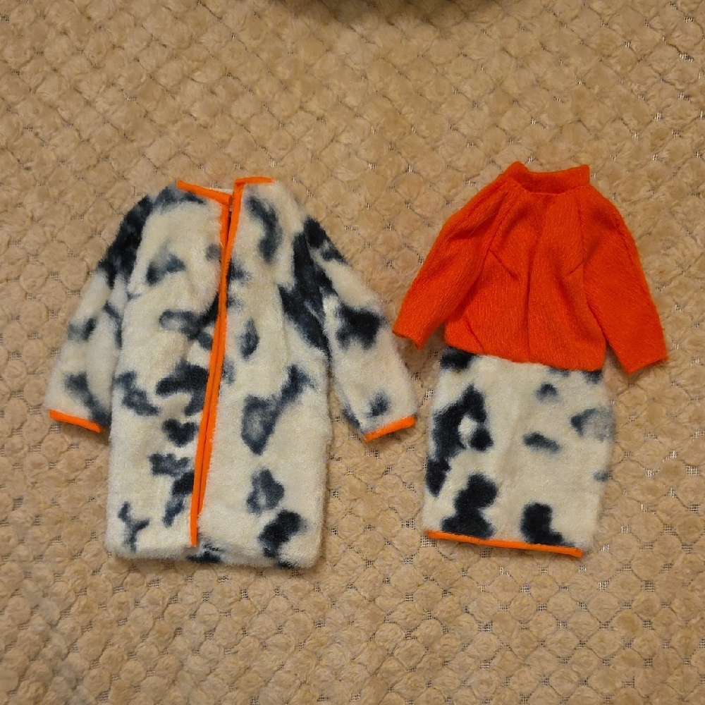 Stylish Black and Cream Faux Fur Coat and Skirt Set with Orange Sweater